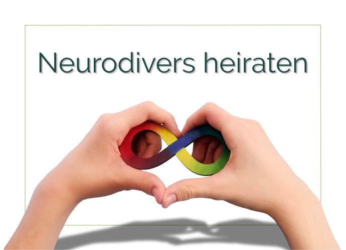 Zwei Hände formen ein Herz. Dazwischen liegt das Unendlichkeitszeichen in Regenbogenfarben- das Zeichen für Neurodiversität. Es geht um neurodiverse freie Trauung in Köln/Bonn/NRW